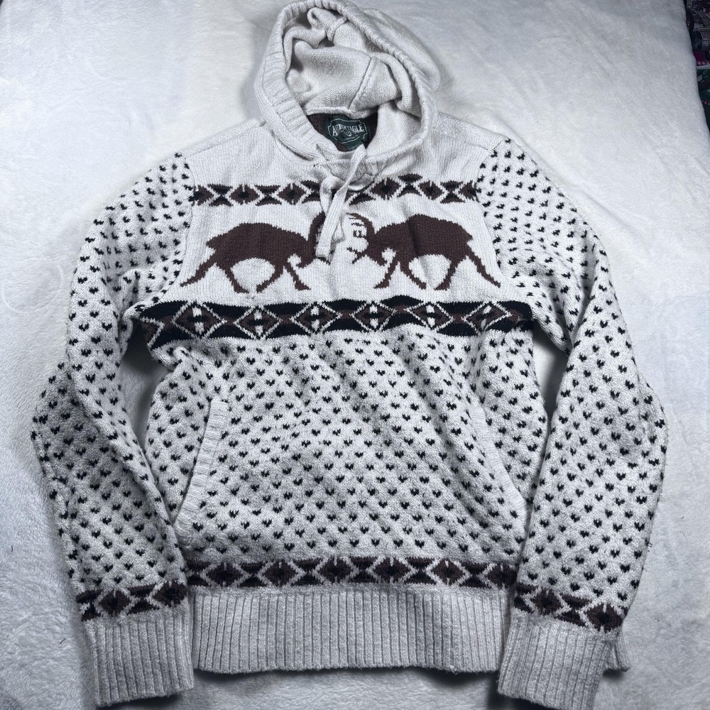 American Eagle Sweater Mens Medium Cream Hooded Knit Rams Fair Isle Pullover